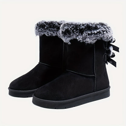 Damen Winterstiefel Wildleder-Optik mit Kunstfellrand und Schleifenverzierung Braun