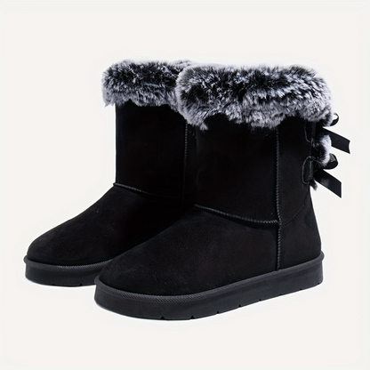 Damen Winterstiefel Wildleder-Optik mit Kunstfellrand und Schleifenverzierung Braun