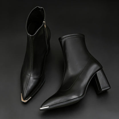 Damen Stiefelette Spitz zulaufend Blockabsatz Reißverschluss