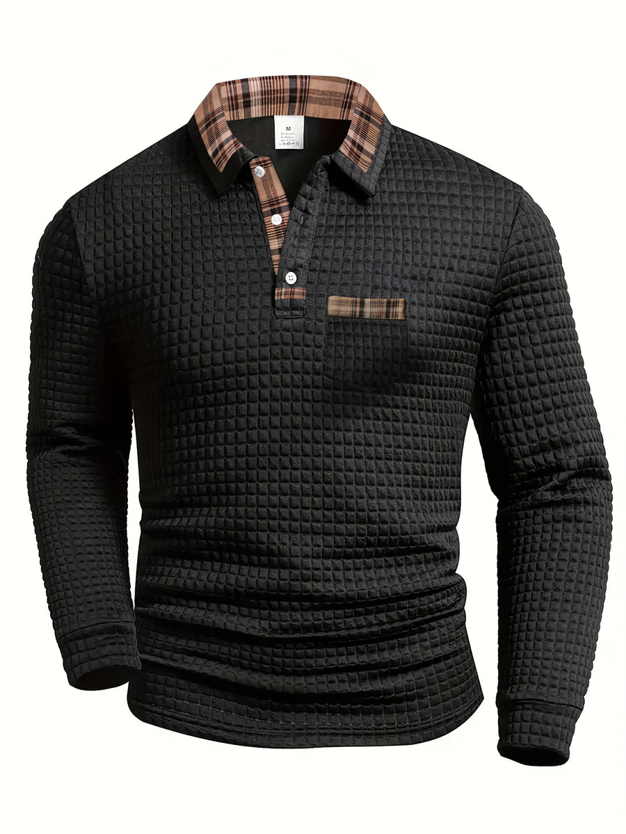 Herren Langarm-Poloshirt Waffelstruktur mit kariertem Kragen und Taschendetail