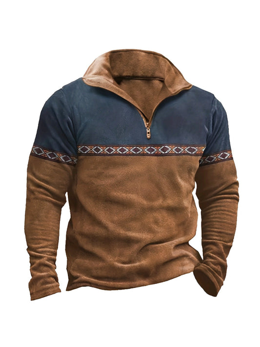 Herren Halb-Reißverschluss Pullover Braun Blau mit Muster