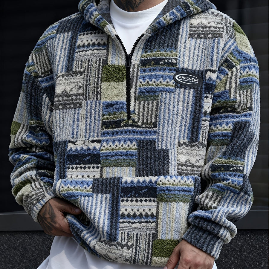 Heren patchwork-hoodie van teddyfleece met quarter-zip