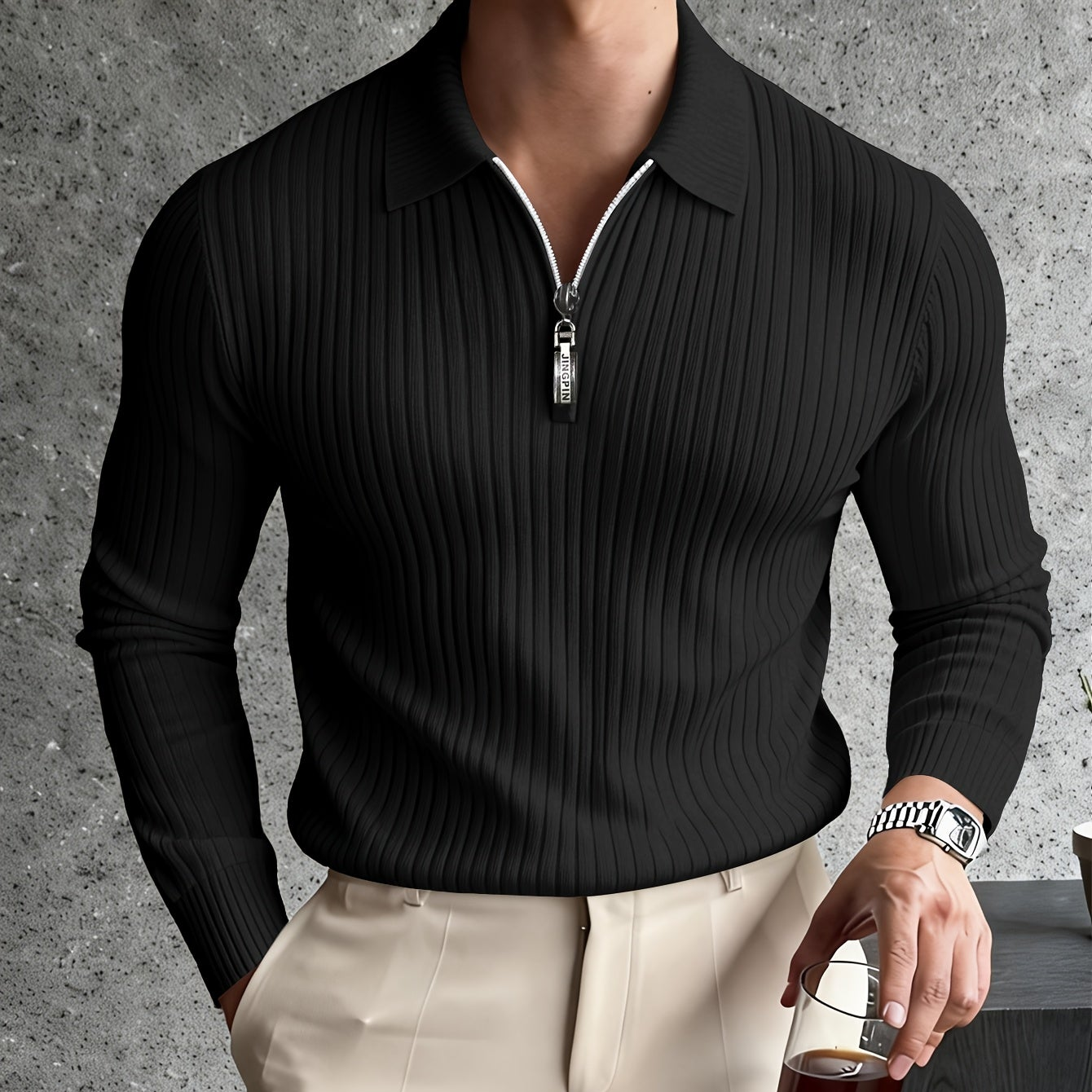 Herren Rippstrick Polo-Pullover mit Reißverschluss, Langarm