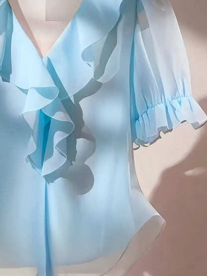 Damen Bluse mit Rüschen und Puffärmeln – Elegante feminine V-Ausschnitt Bluse für Büro und Freizeit