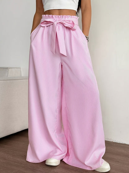 Damen Weite High-Waist Hose mit Schleifenbund und Streifen – Eleganter Alltags- und Freizeitstil