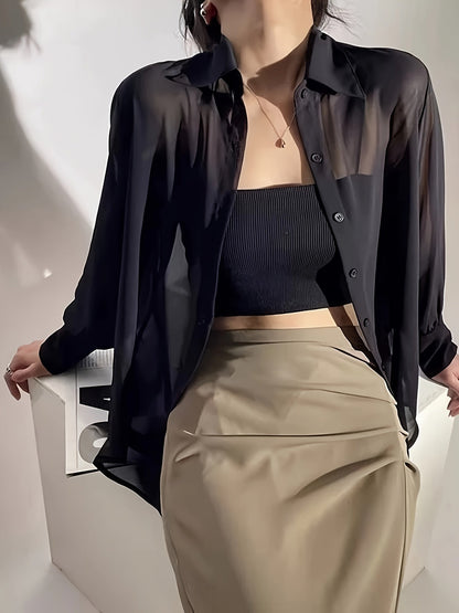 Damen Bluse Transparent Locker mit Knopfleiste – Eleganter Lagenlook für Alltag und Events