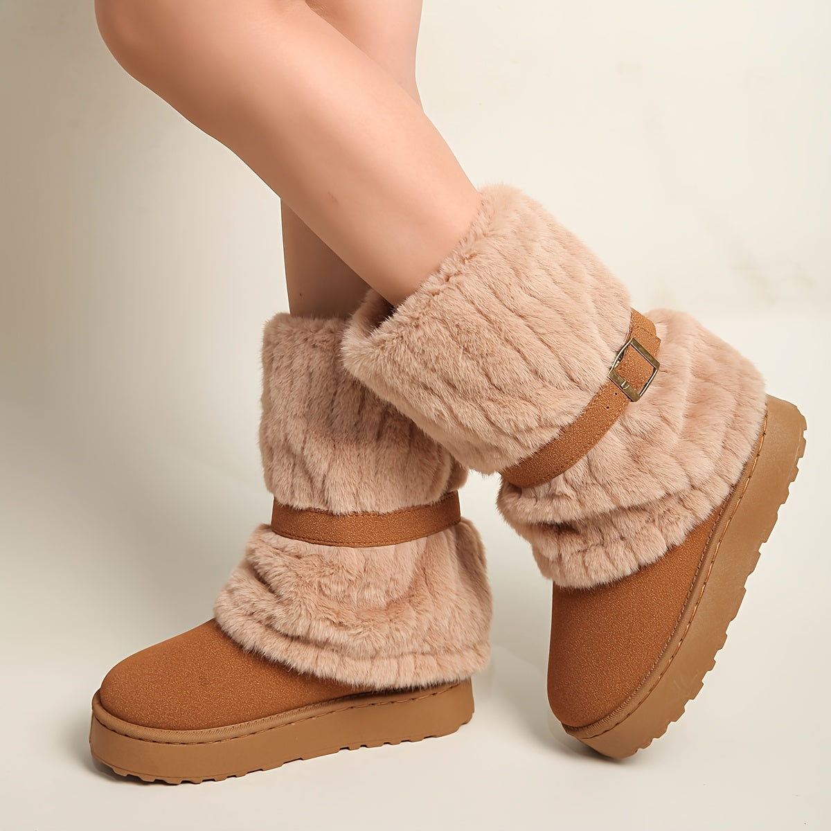 Damen Winterstiefel mit Kunstfell und Schnalle, gefüttert, in Beige, Braun und Schwarz