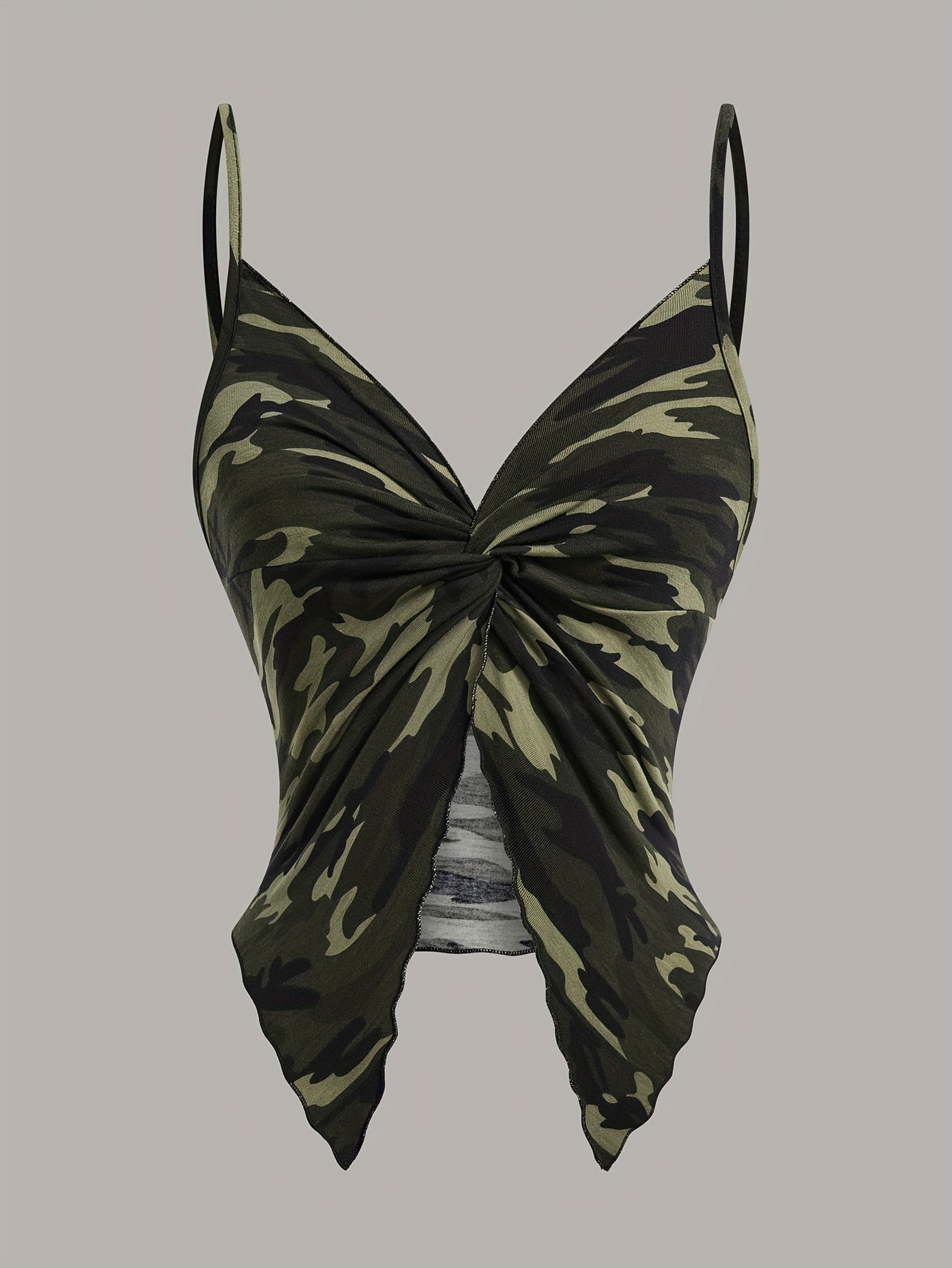 Damen Camouflage Handkerchief-Top mit Twist-Front und Spaghettiträgern – Modisches Streetwear Camisole