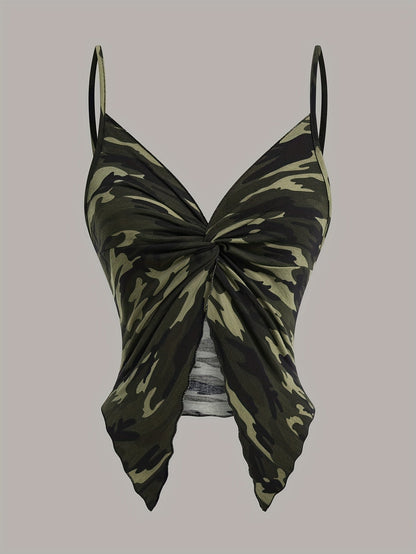 Damen Camouflage Handkerchief-Top mit Twist-Front und Spaghettiträgern – Modisches Streetwear Camisole