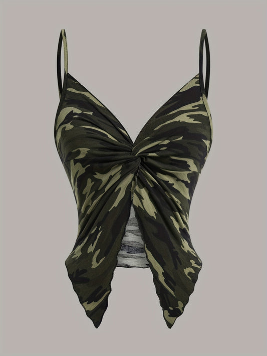 Damen Camouflage Handkerchief-Top mit Twist-Front und Spaghettiträgern – Modisches Streetwear Camisole
