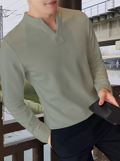 Herren Langarmshirt Henley Kragen Rippstruktur V-Ausschnitt Freizeit Business
