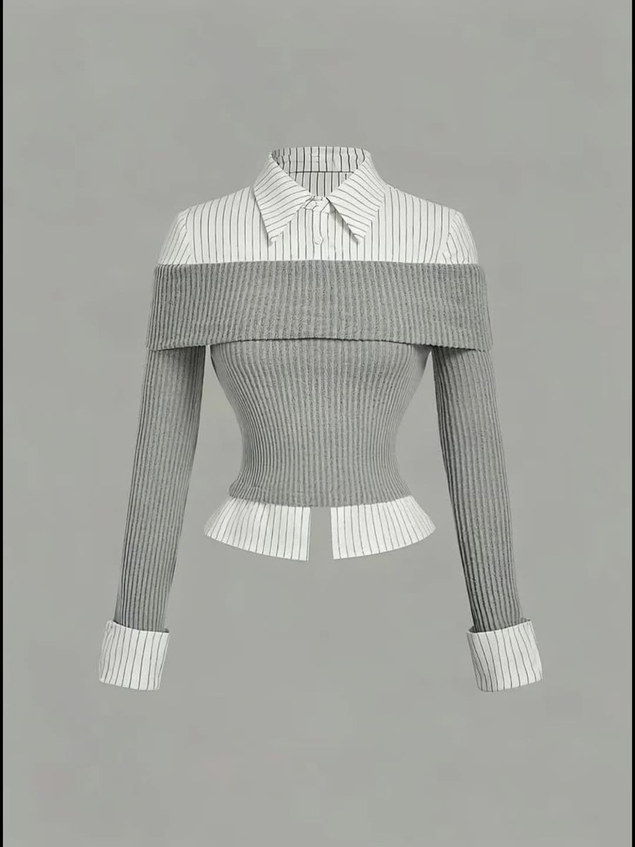 Damen Off-Shoulder Stricktop mit Hemdblusen-Details, gestreift, Grau-Weiß