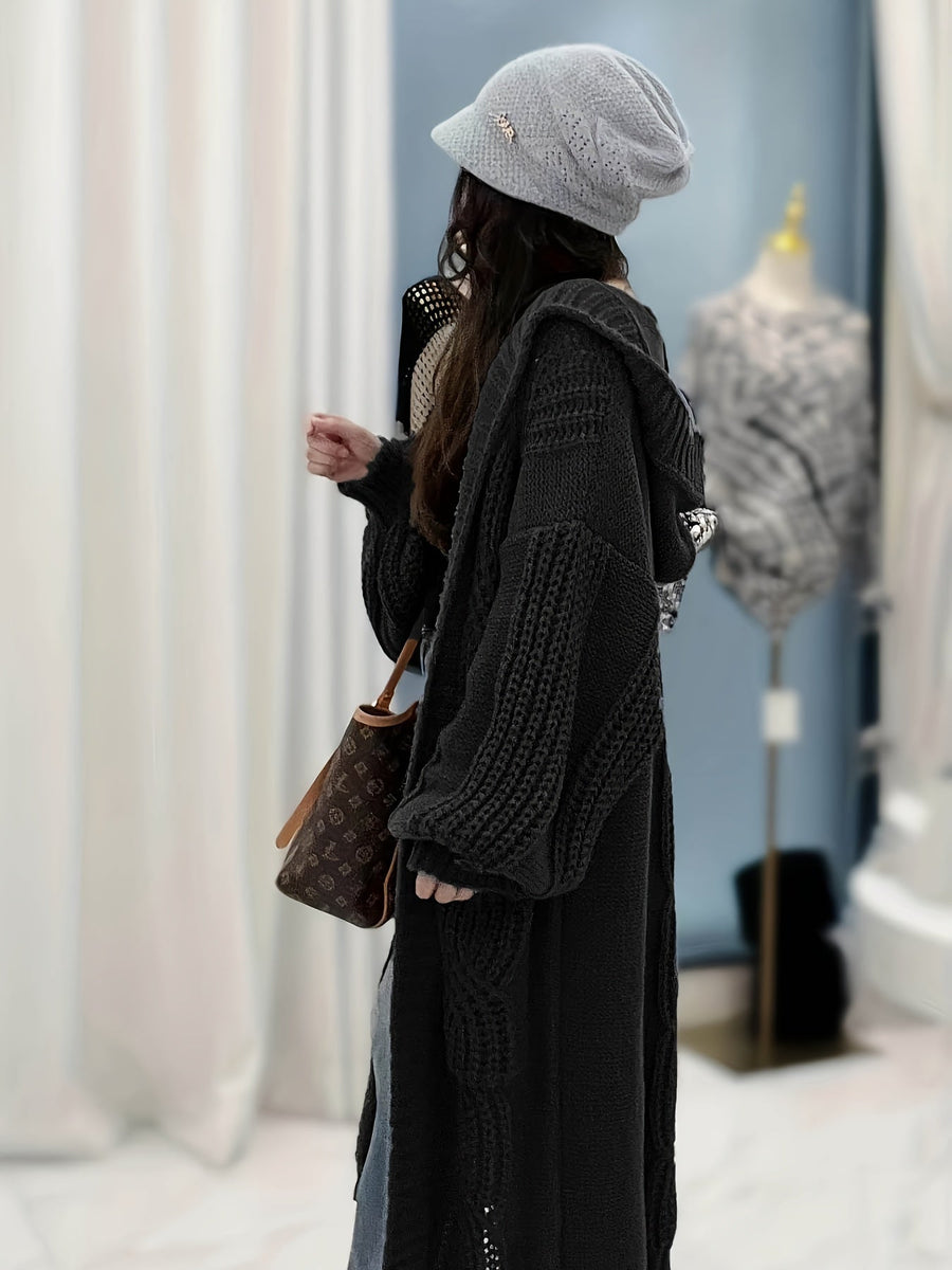 Damen Strickmantel Lang mit Kapuze Zopfmuster Strickjacke Grau