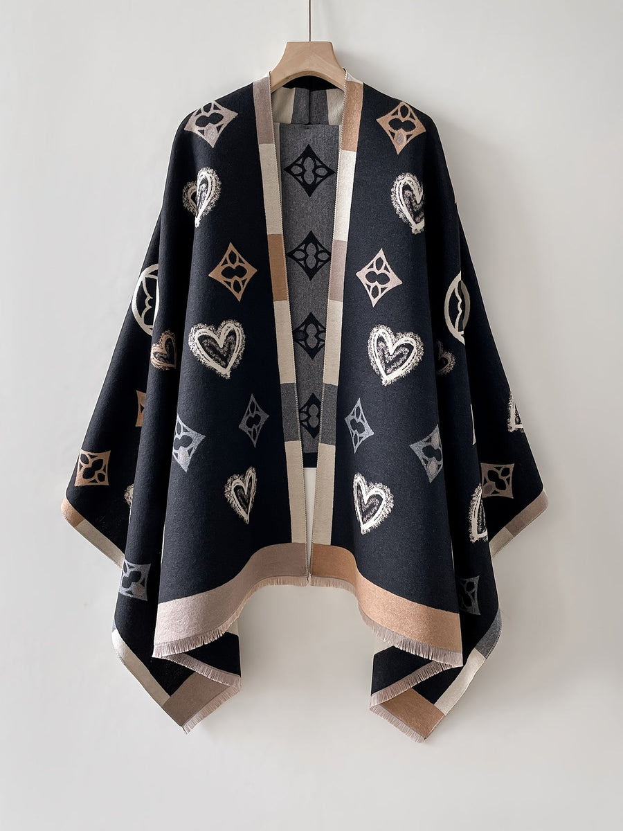 Damen Poncho mit Herz- und Logomuster Fransen Detail
