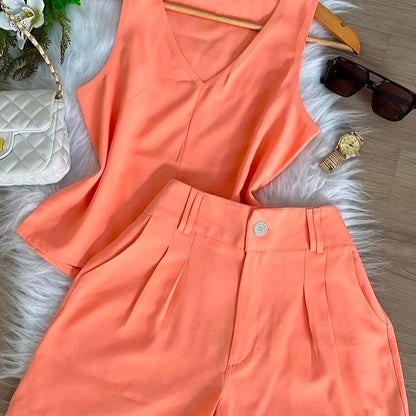 Damen Zweiteiler Set Elegant – Ärmelloses Top und Shorts für Freizeit und Alltag