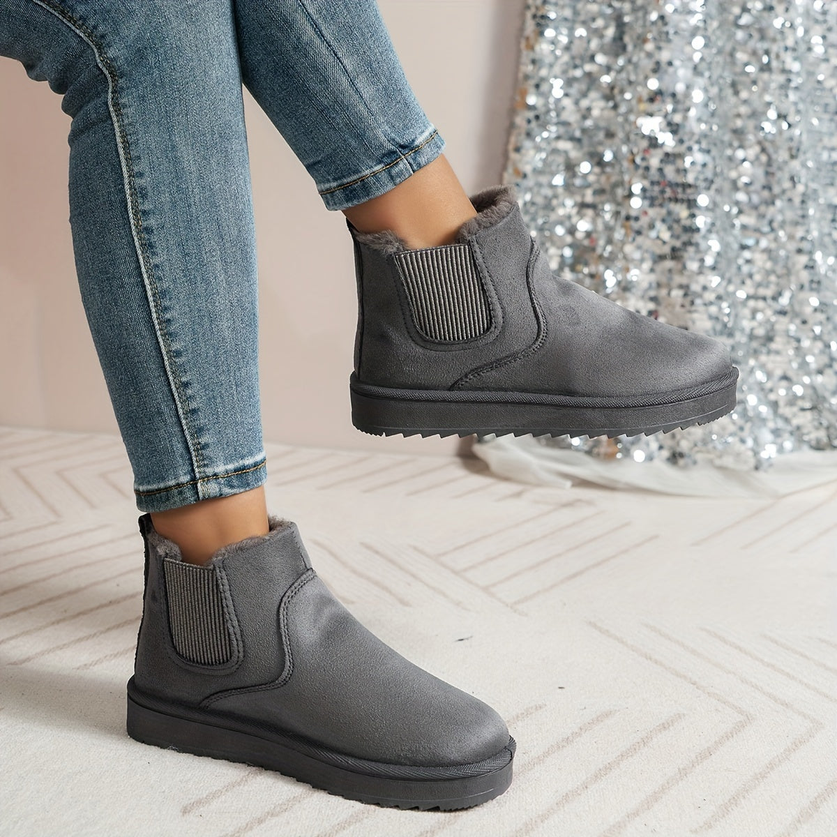 Chelsea Boots Damen gefüttert Winter Stiefeletten warm Plüschimitat Grau