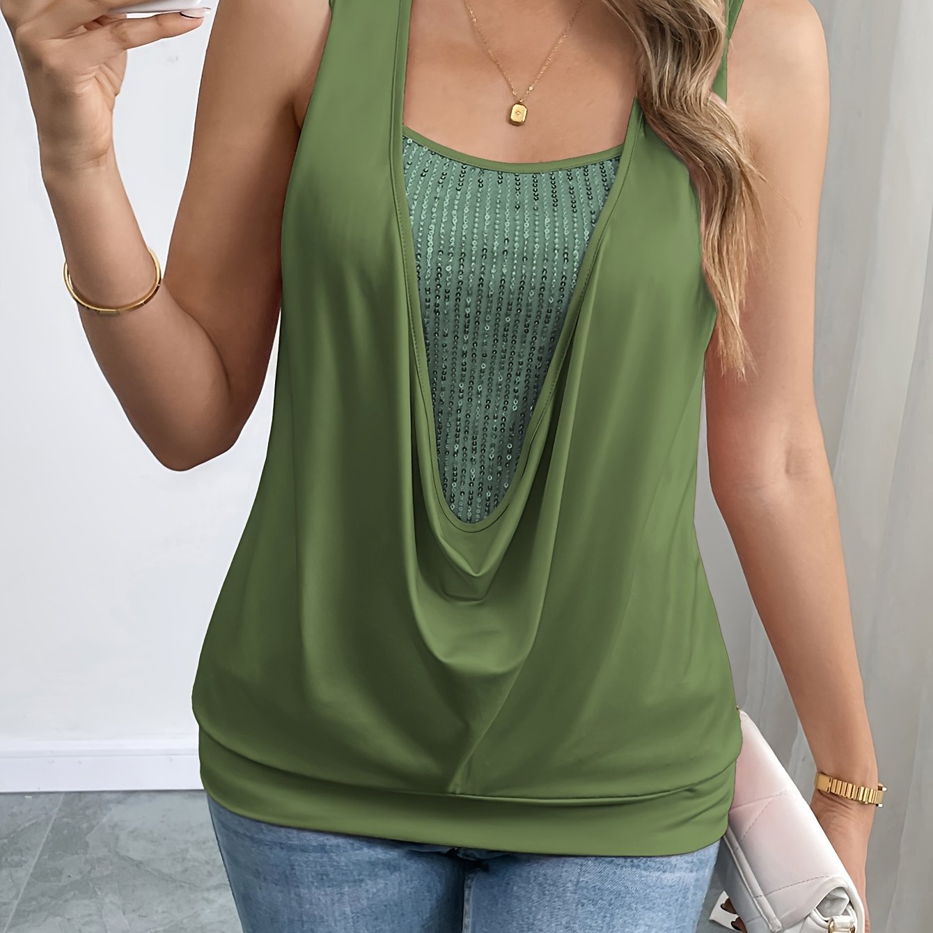Damen Modisches Ärmelloses Drape-Top mit Lagen-Look für Alltag und Freizeit