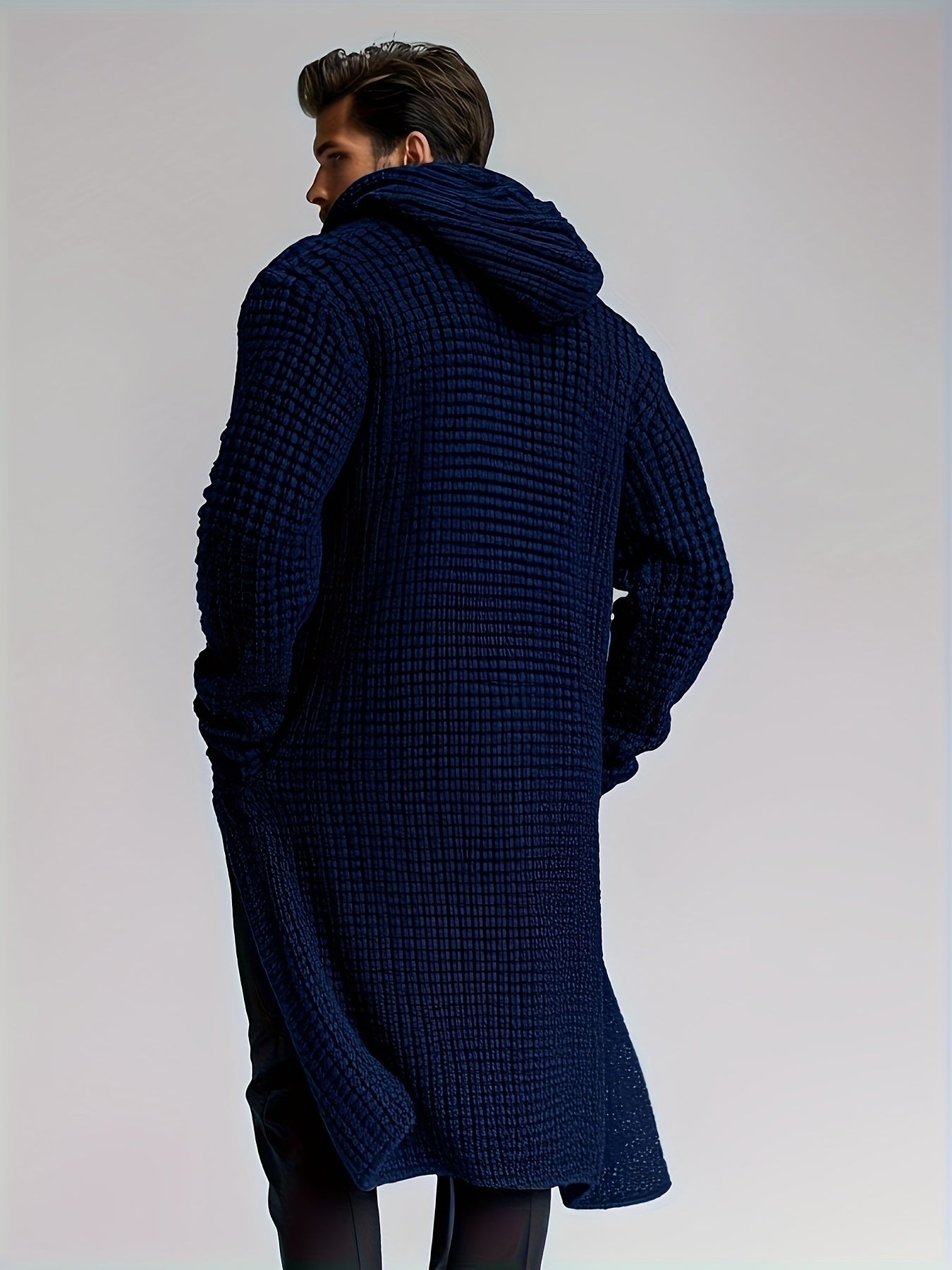 Herren Strickmantel mit Kapuze | Langer Bademantel in Waffelstruktur
