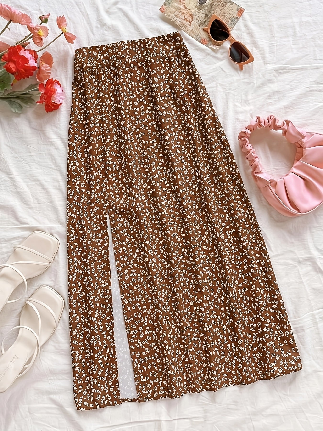 Damen Midi-Rock mit Blumenmuster und Schlitz – Eleganter Freizeitrock für Alltag & Ausgehen
