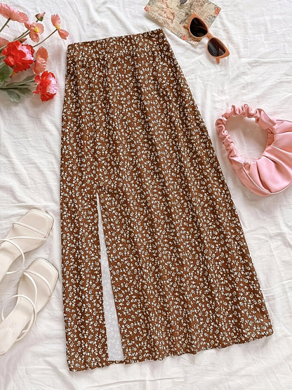 Damen Midi-Rock mit Blumenmuster und Schlitz – Eleganter Freizeitrock für Alltag & Ausgehen
