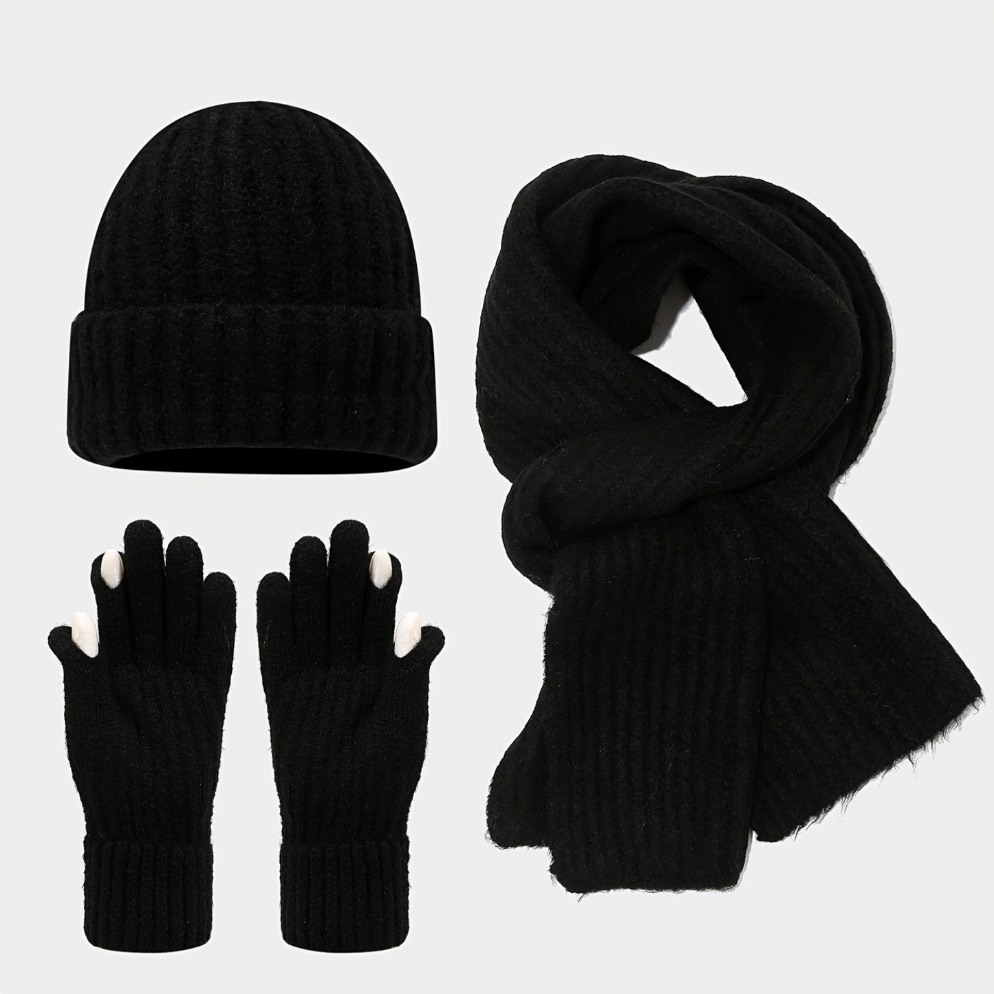 Unisex Strickmütze Schal Handschuh Set Gerippt Beige Winter Accessoire
