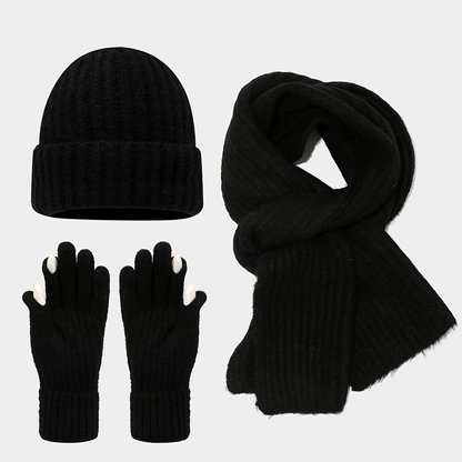 Unisex Strickmütze Schal Handschuh Set Gerippt Beige Winter Accessoire
