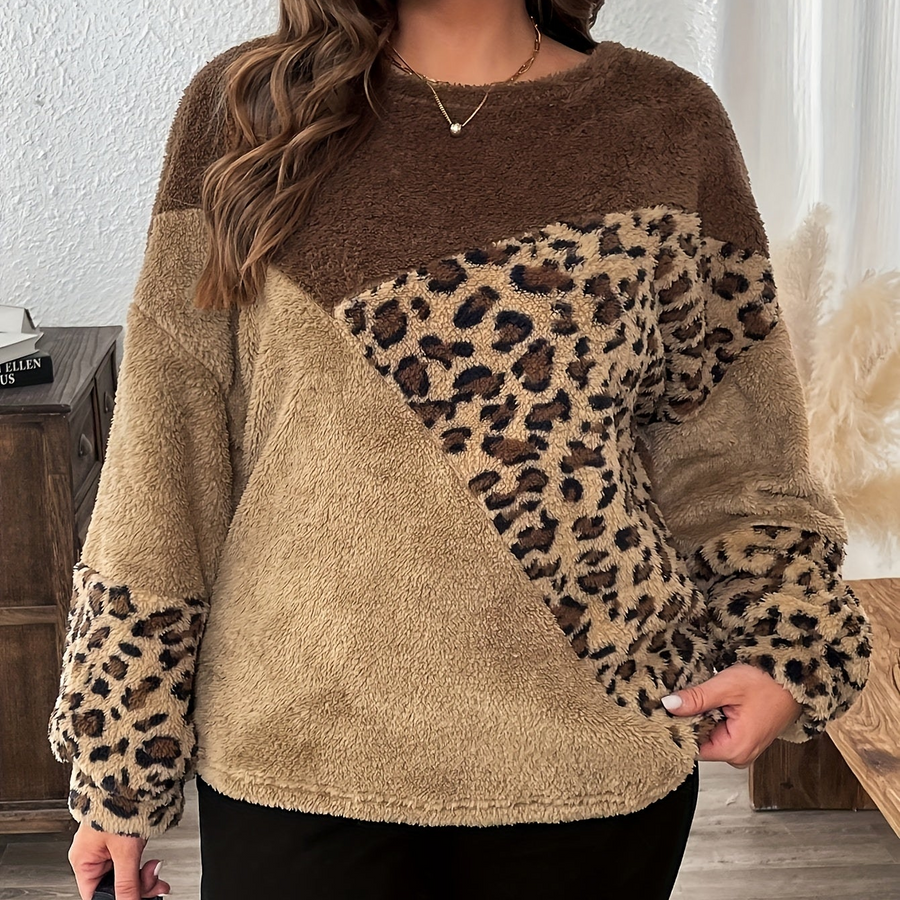 Damen Flauschpullover Leopardenmuster Patchwork Rundhalsausschnitt