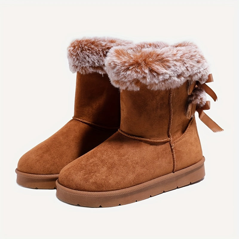 Damen Winterstiefel Wildleder-Optik mit Kunstfellrand und Schleifenverzierung Braun