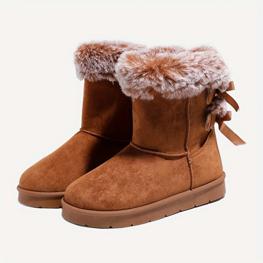 Damen Winterstiefel Wildleder-Optik mit Kunstfellrand und Schleifenverzierung Braun