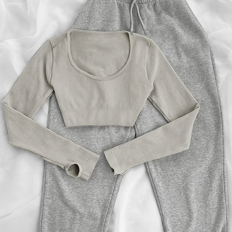 Damen Sport-Freizeit-Set geripptes Crop-Top Langarm + Jogginghose Grau
