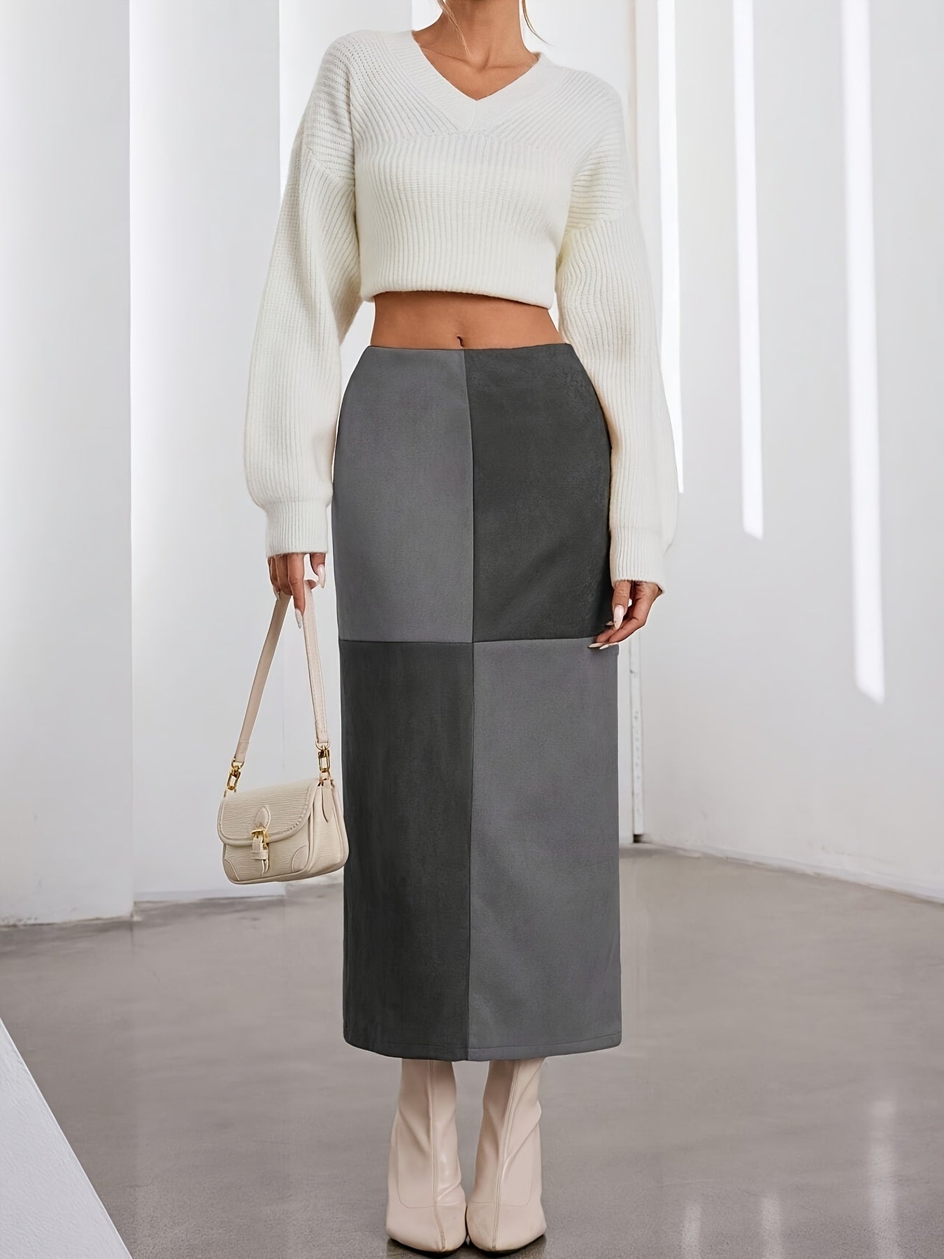 Damen Midi-Rock Patchwork A-Linie Zweifarbig mit hohem Bund