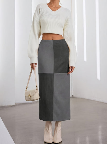 Damen Midi-Rock Patchwork A-Linie Zweifarbig mit hohem Bund