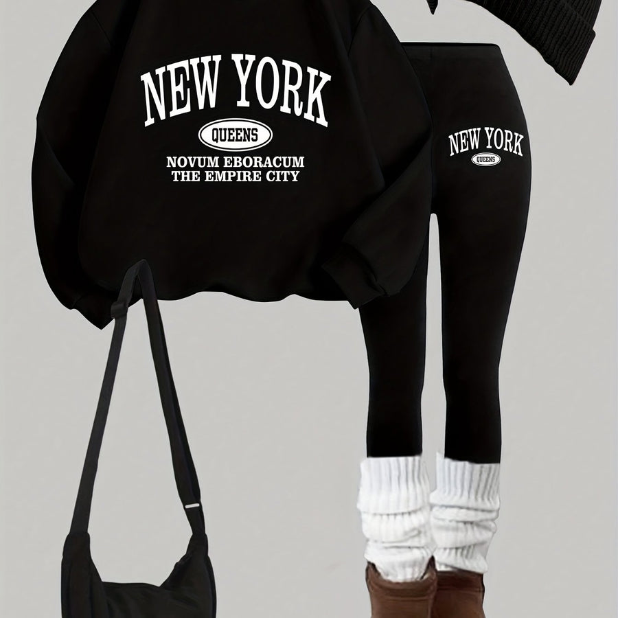 Damen Trainingsanzug Set Sweatshirt & Leggings New York Queens Print Schwarz