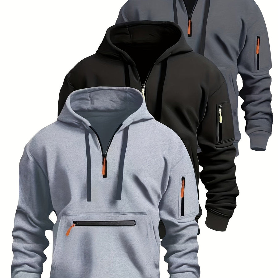 Herren Hoodie mit halbem Reißverschluss, Kapuze und Reißverschlusstaschen