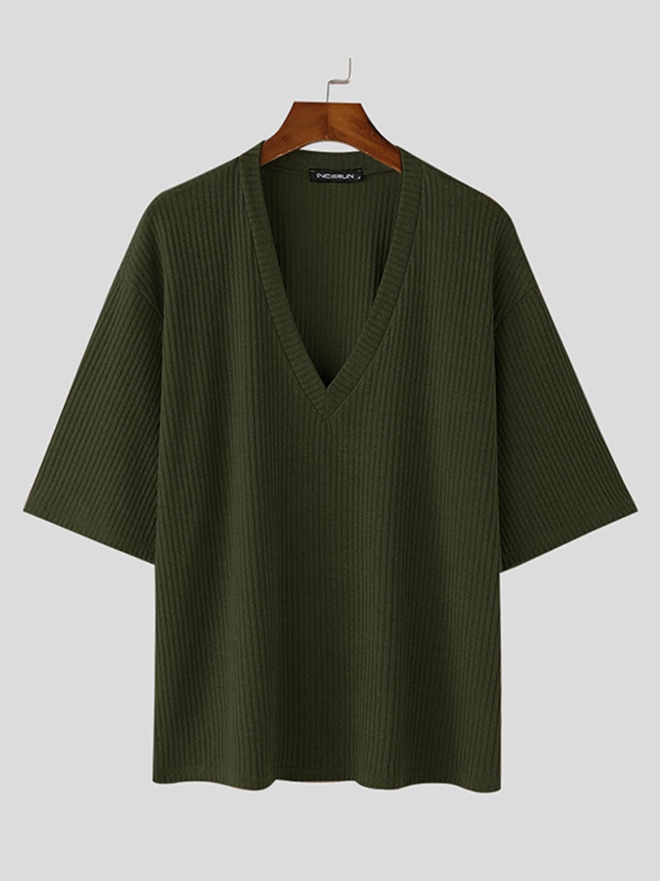 Herren Strickpullover V-Ausschnitt Kurzarm Loose Fit Gerippt