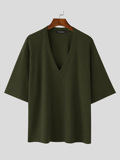 Herren Strickpullover V-Ausschnitt Kurzarm Loose Fit Gerippt