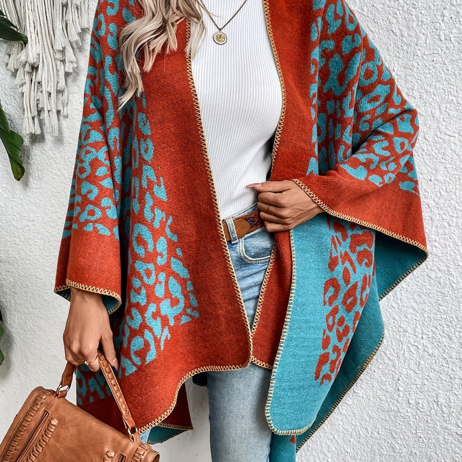 Damen Poncho Cape mit offenem Vorderteil und geometrischem Muster – Boho Stil für Alltag und Freizeit