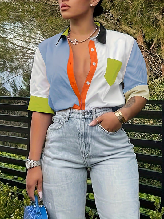 Damen Modernes Hemd im Patchwork-Stil für Alltag und Freizeit