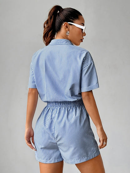 Damen Einteiler Kurzarm Jumpsuit mit Streifen und Kordelzug – Eleganter Freizeit-Look