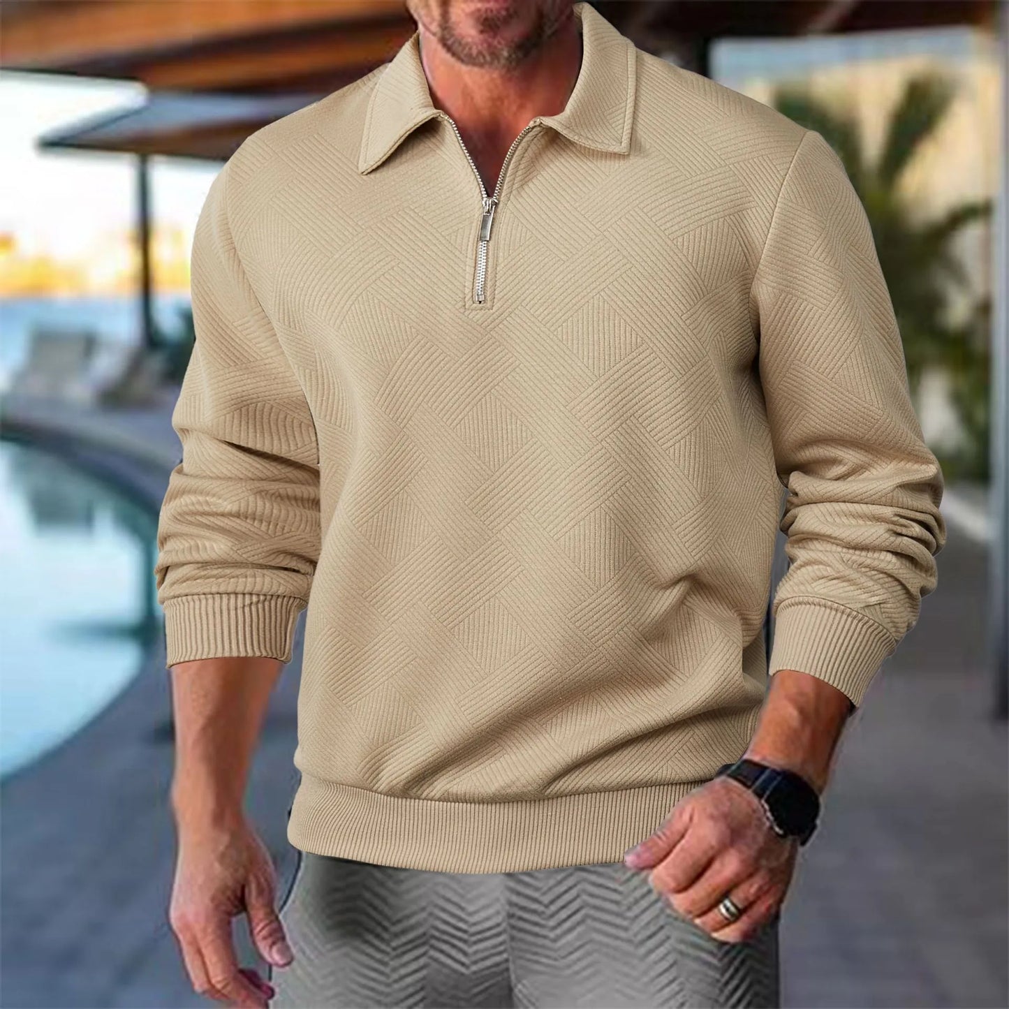 Herren Vintage Sweatshirt mit Reißverschluss-Kragen und geometrischem Muster – Lässig & Stilvoll für Alltag und Freizeit
