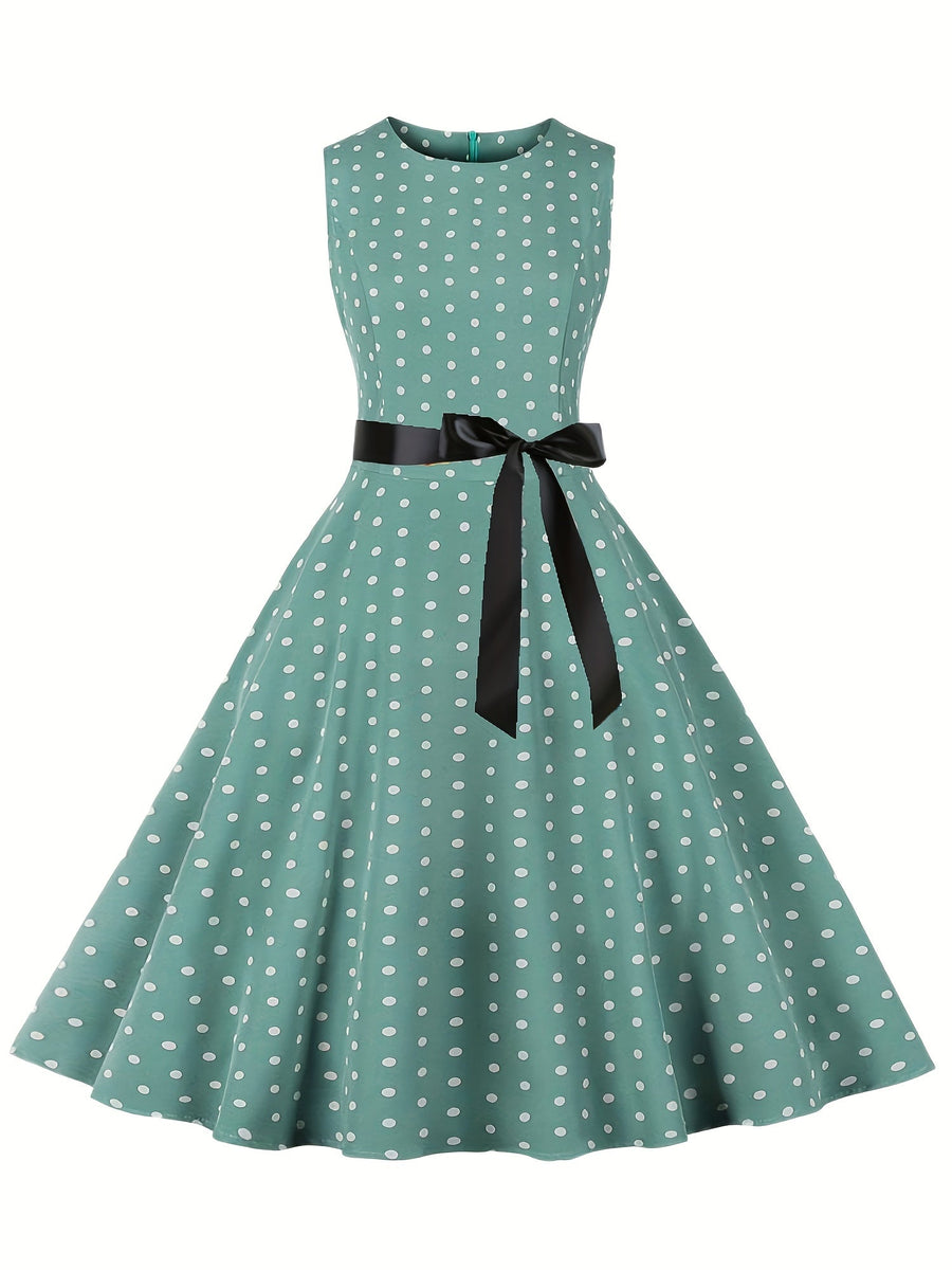 Damen Vintage Rockabilly Polka Dots Kleid mit Schleifen-Gürtel, Elegant, Ärmelos, Festlich & Alltag