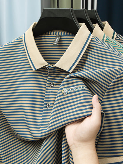 Herren Polo-Shirt mit Streifenmuster und Stickerei – Moderner Freizeitstil
