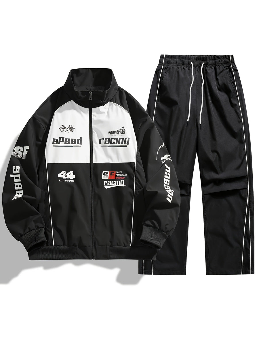Unisex Racing Trainingsanzug mit Reißverschluss Jacke & Hose - Sportlicher Jogginganzug mit Aufdruck