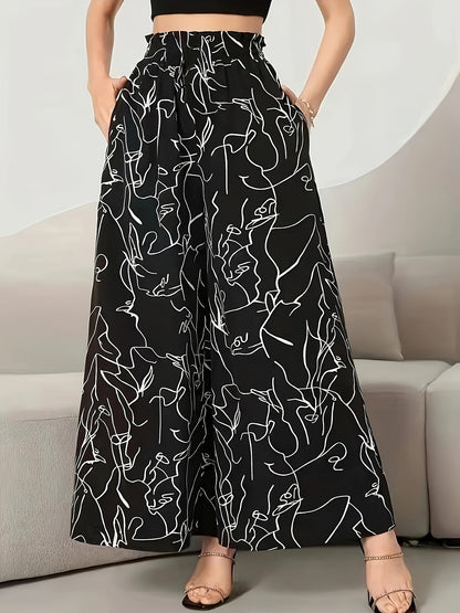 Damen Weite Palazzo-Hose mit Künstlerischem Linienmuster – Modische Statement-Hose für Freizeit und Ausgehen