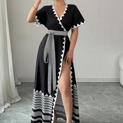 Damen Maxikleid mit grafischem Muster und Taillengürtel – Eleganter Boho-Stil für besondere Anlässe
