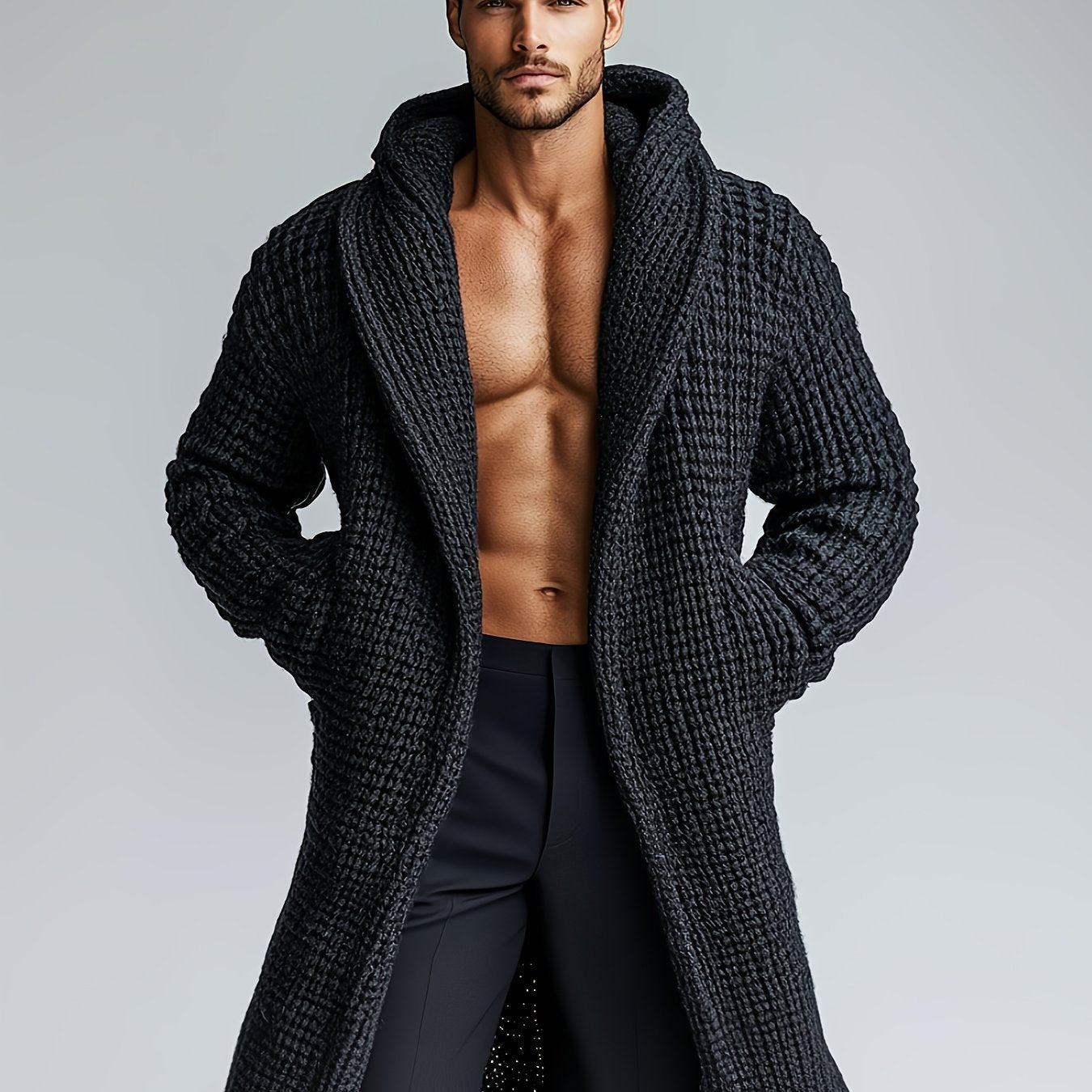 Herren Strickmantel mit Kapuze | Langer Bademantel in Waffelstruktur