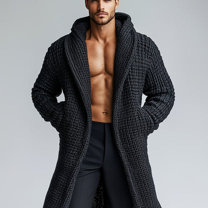 Herren Strickmantel mit Kapuze | Langer Bademantel in Waffelstruktur