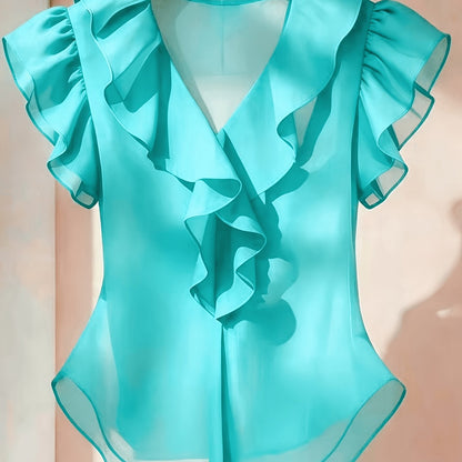Damen Rüschenbluse mit V-Ausschnitt und Volantärmeln – Eleganter Stil für Büro und besondere Anlässe