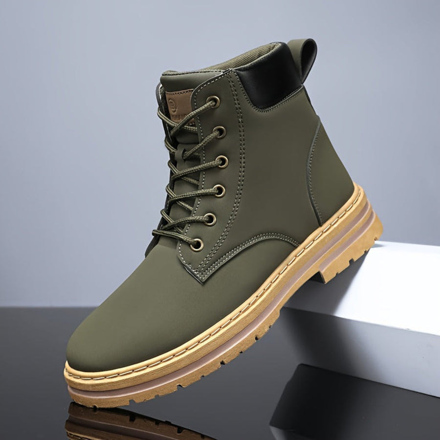 Herren Worker Boots Schnürstiefel Olivgrün mit profilierter Sohle