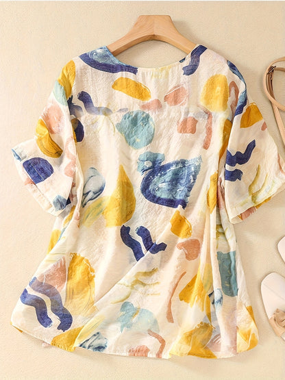 Damen Kurzarm-Bluse mit abstraktem Muster, lockerer Schnitt, modischer Freizeitstil